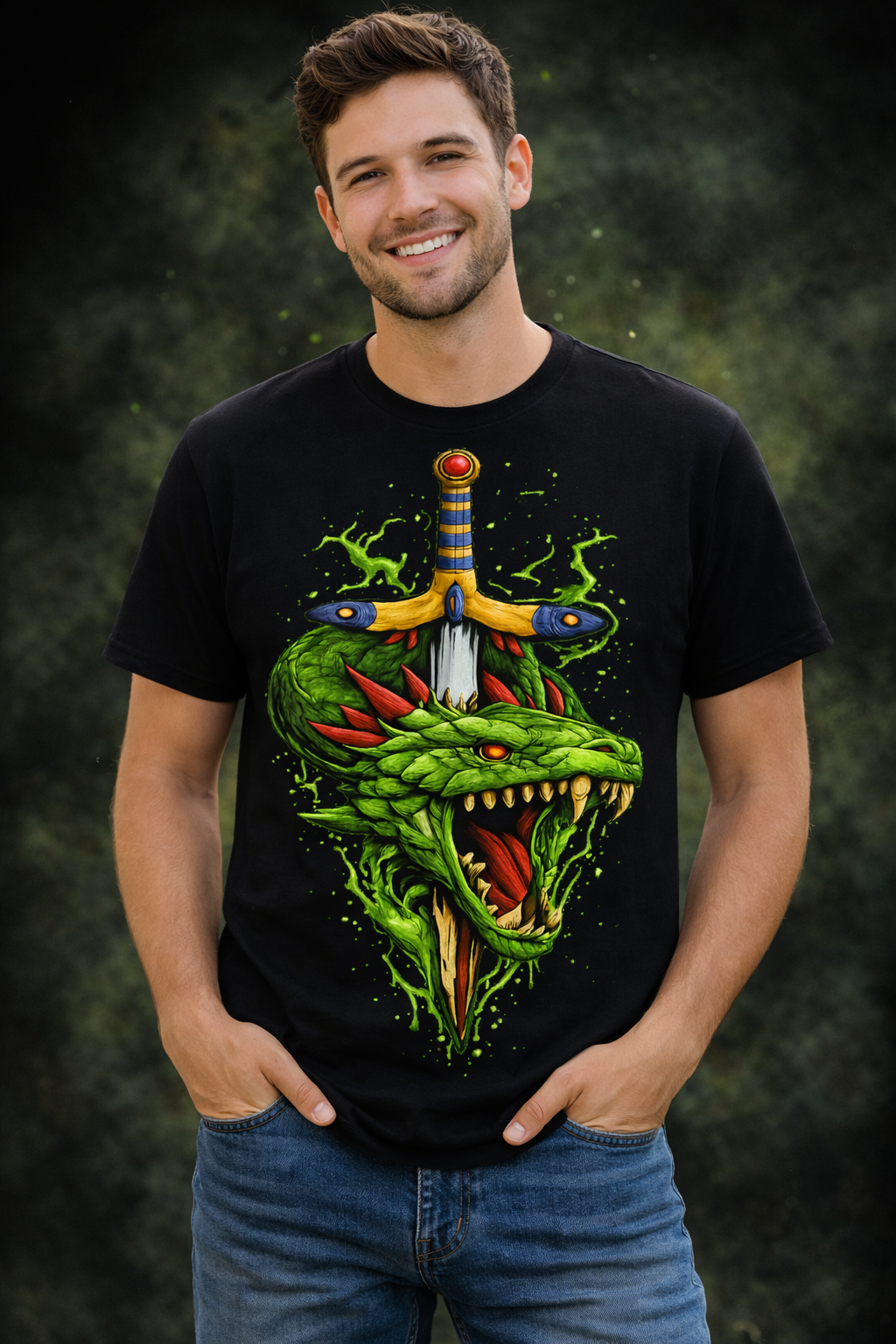 Fierce Serpent & Sword Fantasy Graphic T-Shirt