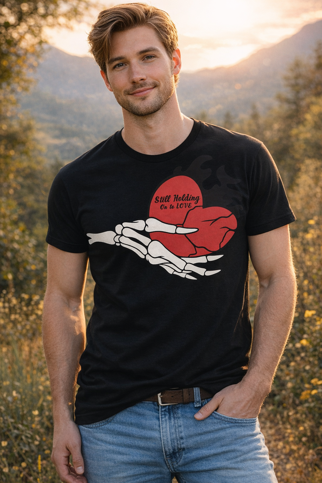 Still Holding On To Love Skeleton Heart Graphic T-Shirt