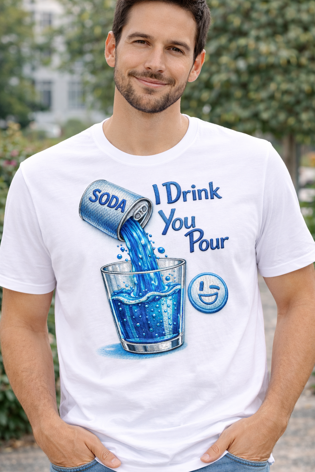 I Drink What You Pour T-Shirt – Funny Soda Graphic Tee with Emoji Vibes